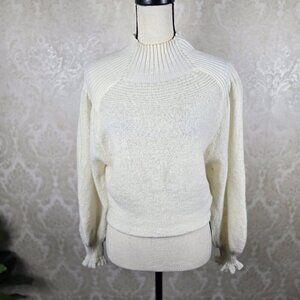 Free People Sz Small Cream Mock Neck Sweater Lantern Sleeves Ruffle Wool/Alpaca